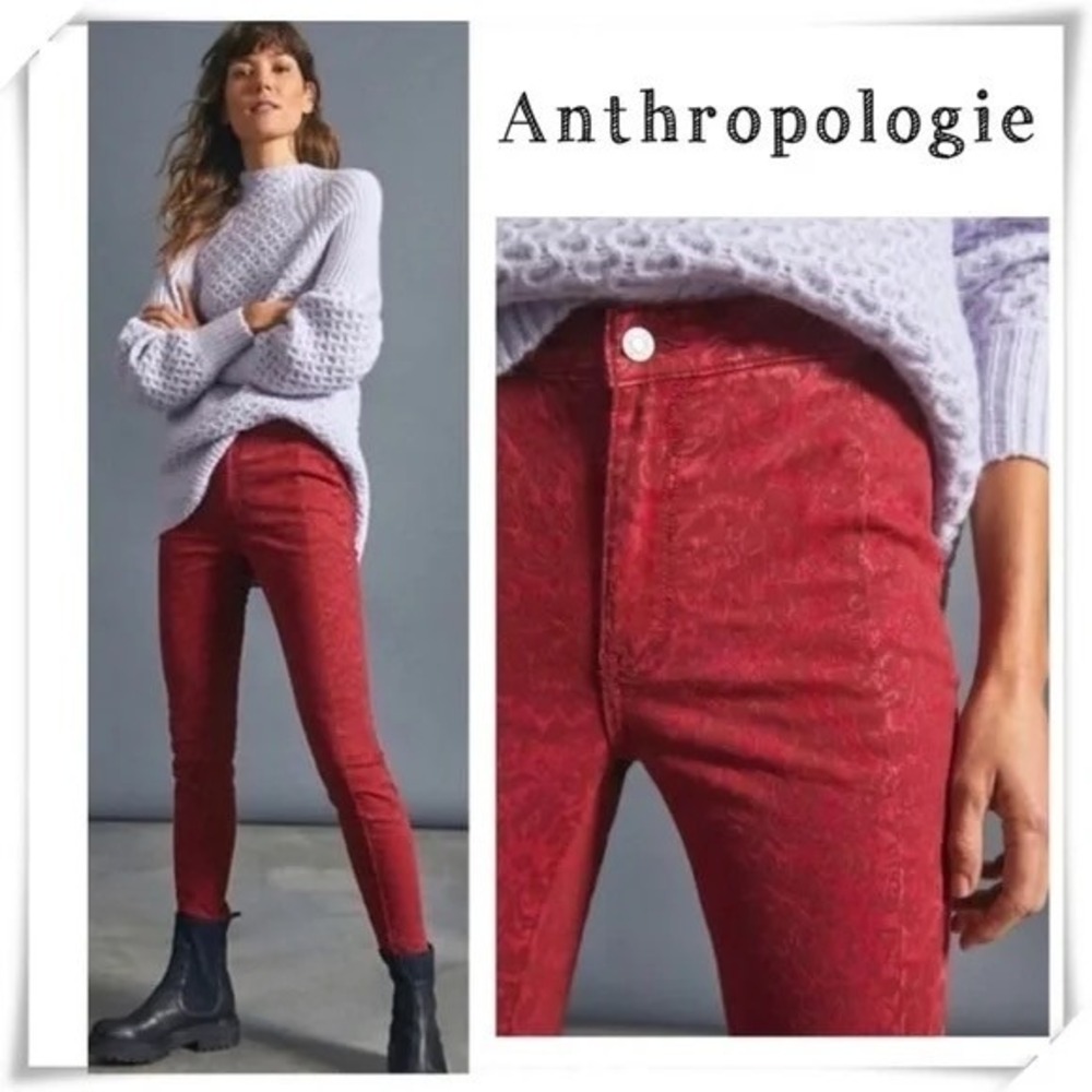 PILCRO by Anthropologie High Rise Denim Legging Red Floral Jacquard Size‎ 24